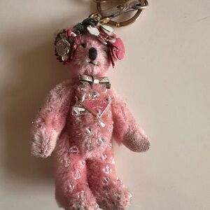 PRADA Teddy Bear Key ring Keychain Bag Charm Leather Beaded Triangle Logo Pink